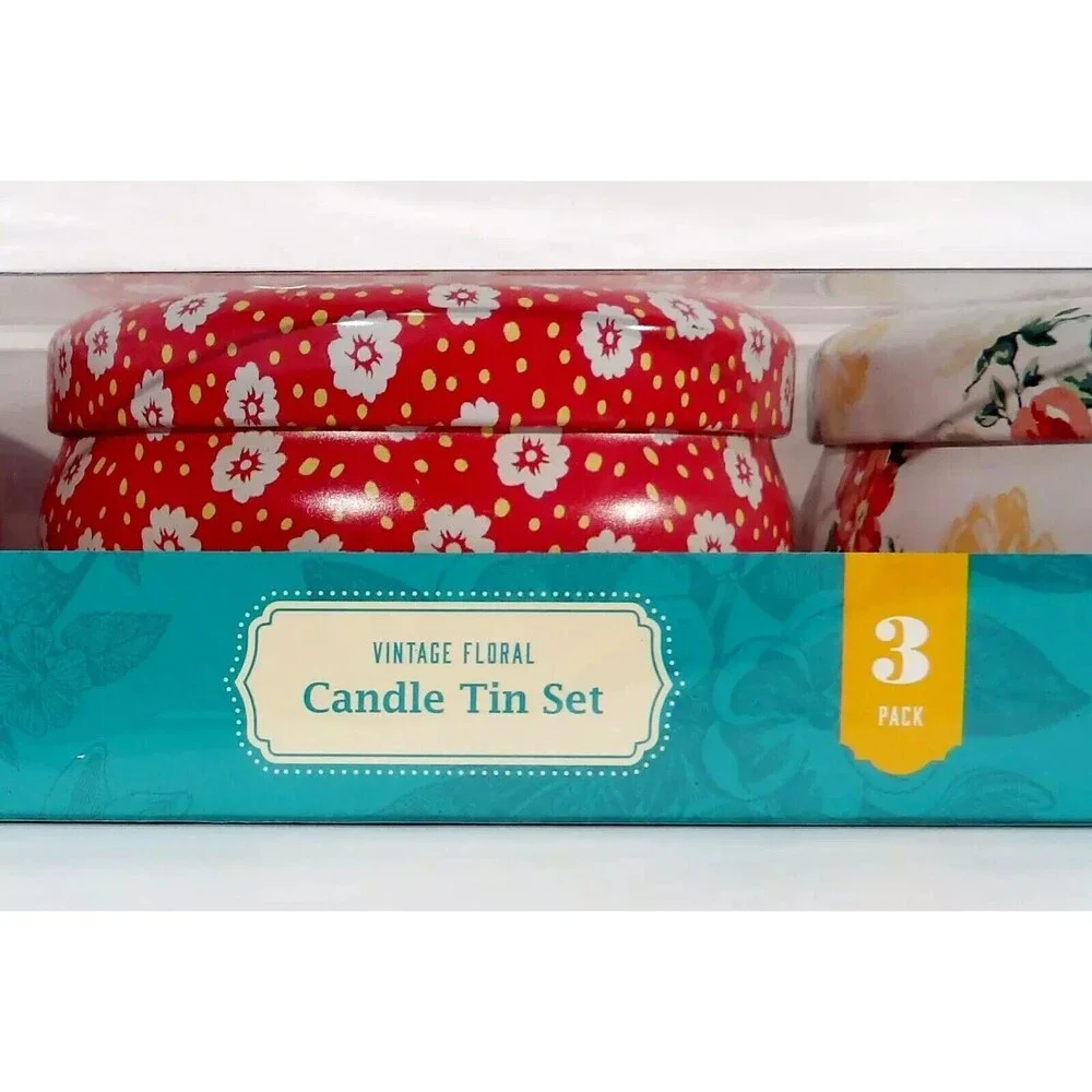 Pioneer Woman Vintage Floral Candle Tin Set 3-pc Rose Apple Honeysuckle Gift NEW